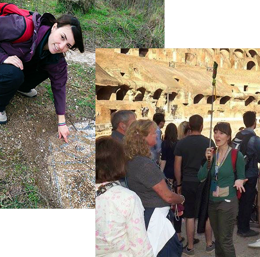 Manuela Manfrè guida turistica mentre mostra dei reperti archeologici durante una visita turistica