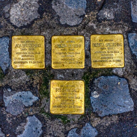 Golden engraved cobble stones in the Ghetto of Rome